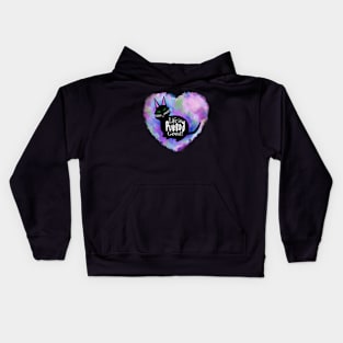 Cute Black Cat and Purple Rainbow Heart. Life is Purrdy Good! Kids Hoodie